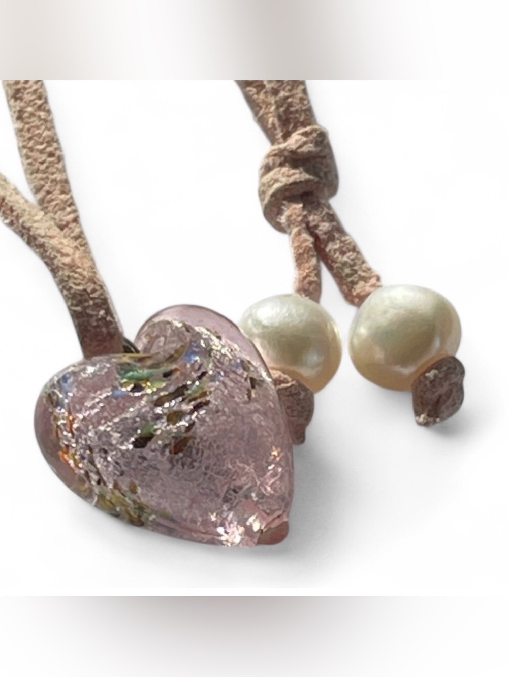 Venetian Glass Heart Pendant, Fresh Water Pearls & Pink Leather Cord Necklace